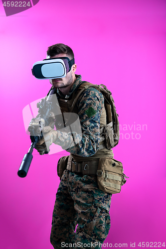 Image of soldier in battle using virtual reality glasses