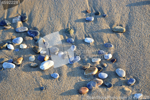 Image of Close-up of pebbles in the sunlight on sandy beach