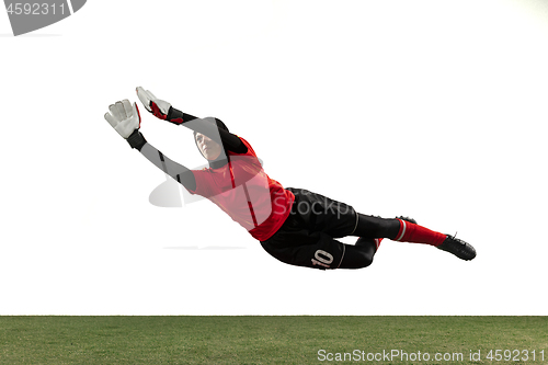 Image of Arabian female soccer or football player, goalkeeper on white studio background