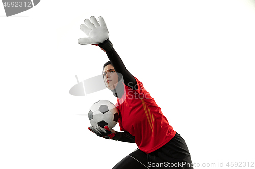 Image of Arabian female soccer or football player, goalkeeper on white studio background