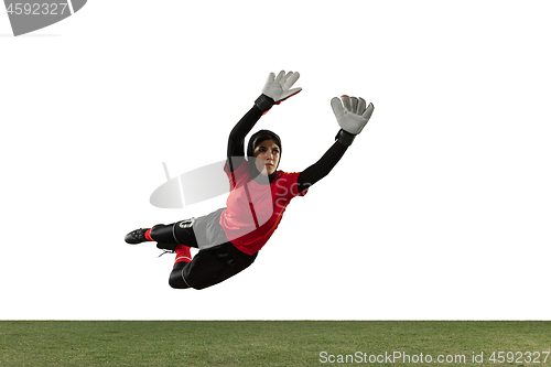 Image of Arabian female soccer or football player, goalkeeper on white studio background