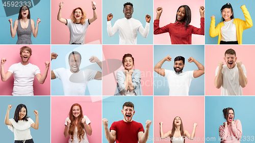 Image of Portrait of multiethnic group on multicolored background