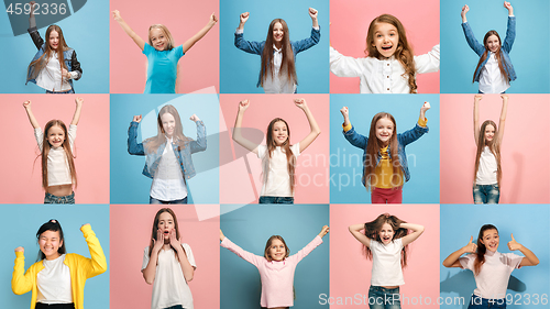 Image of Portrait of caucasian teen girls on multicolored background