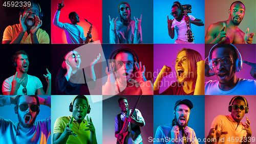 Image of Portrait of multiethnic group on multicolored background in neon light