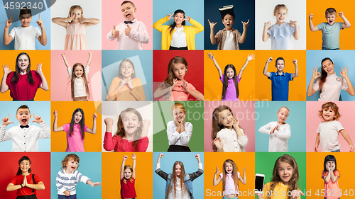 Image of Portrait of caucasian kids on multicolored background