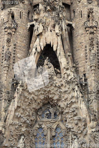 Image of Detail of Nativity facade of Sagrada Familia church in Barcelona