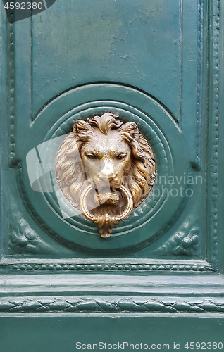 Image of Doorknocker with head of lion on a green wooden door