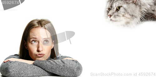 Image of Woman with her cat over white background