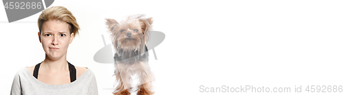 Image of Woman with her dog on leash over white background