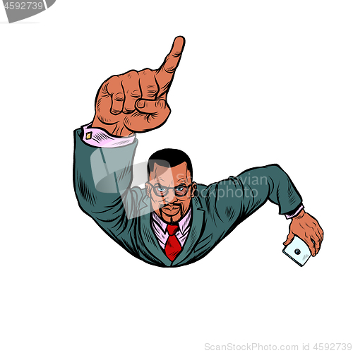 Image of African businessman with a smartphone index finger up. Flying like a superhero