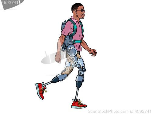 Image of exoskeleton for the disabled. african man legless veteran walks. rehabilitation treatment recovery. science and technology