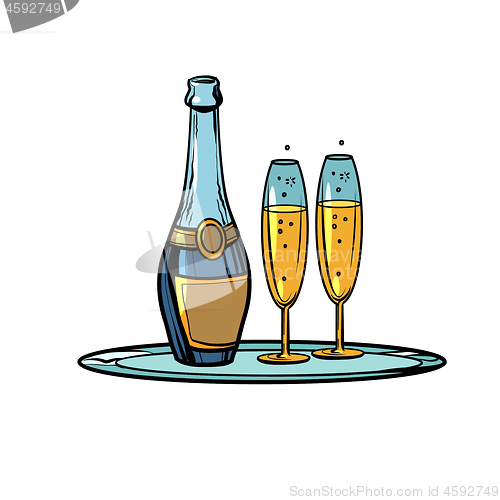 Image of A bottle of champagne with glasses on a tray. Celebration