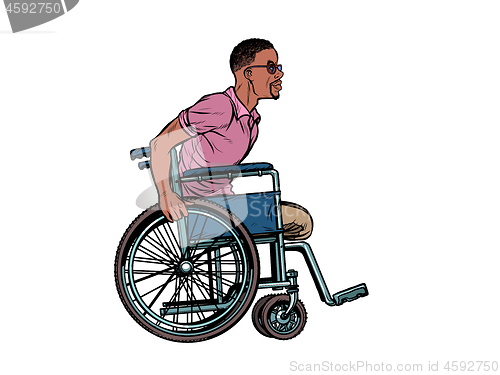 Image of legless african man disabled veteran in a wheelchair