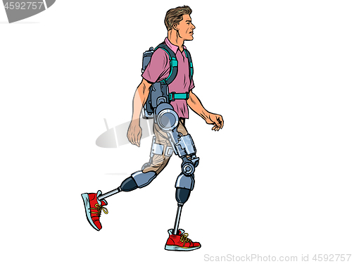 Image of exoskeleton for the disabled. A man legless veteran walks. rehabilitation treatment recovery. science and technology