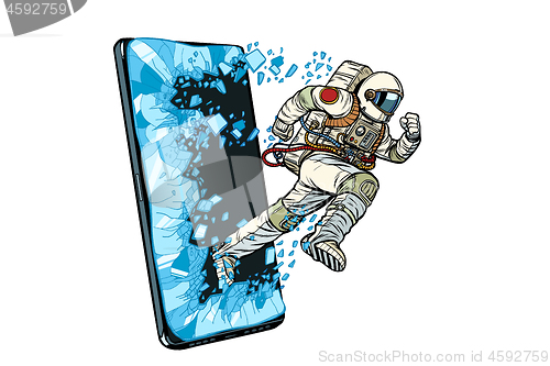 Image of Scientific online applications concept. Astronaut runs through a smartphone