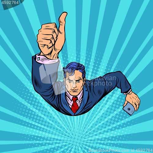 Image of A businessman with a smartphone like, thumbs up. Flying like a superhero