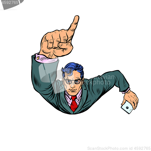 Image of A businessman with a smartphone index finger up. Flying like a superhero