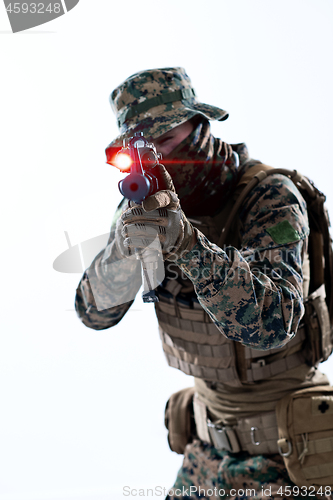 Image of soldier in action aiming laseer sight optics