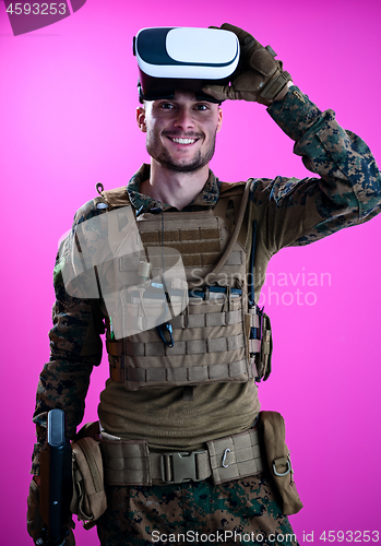 Image of soldier in battle using virtual reality glasses