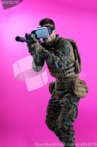 Image of soldier in battle using virtual reality glasses