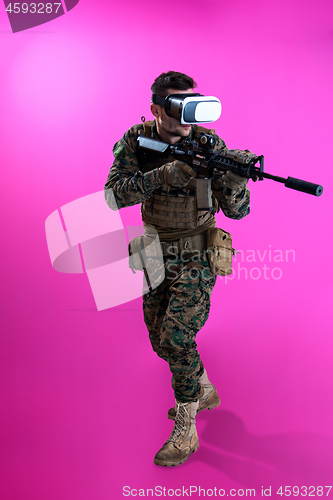 Image of soldier in battle using virtual reality glasses