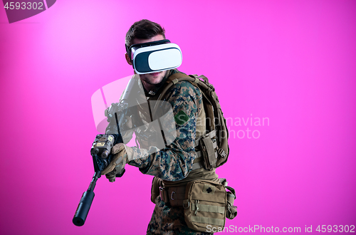 Image of soldier in battle using virtual reality glasses