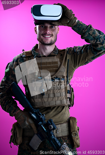 Image of soldier in battle using virtual reality glasses