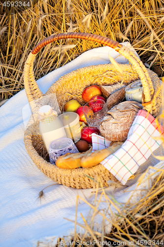 Image of Basket full of apples, bread and milk