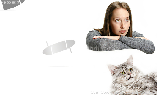 Image of Woman with her cat over white background