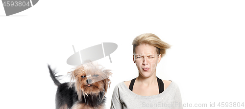 Image of Woman with her dog on leash over white background