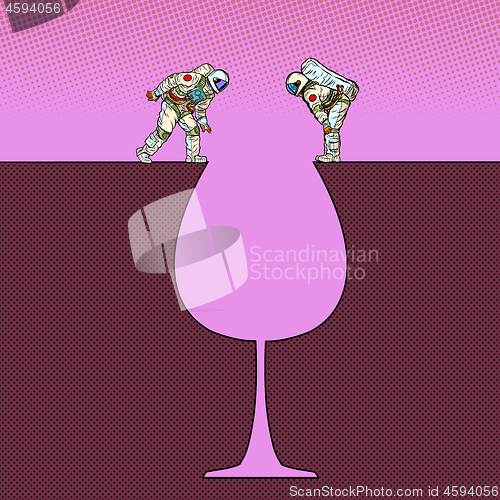 Image of Astronauts on the edge . Glass of wine silhouette