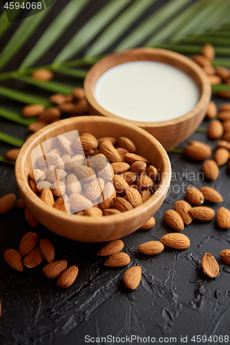 Image of Close up of Almonds in wooden bowl and almond milk