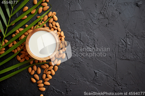 Image of Amond seeds with bowl of fresh natural milk placed on black stone background