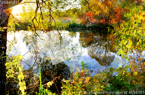 Image of Colorful autumn sunset on the river. Stylization in watercolor d