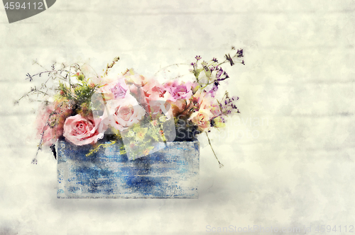 Image of beautiful bouquet of roses in wooden box. Stylization in watercolor drawing.