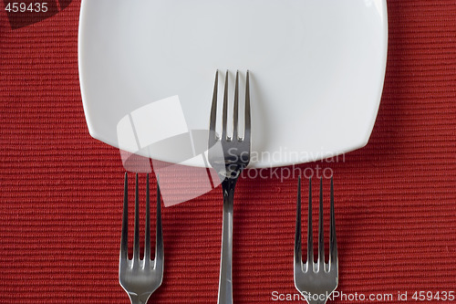 Image of three forks and porcelain plate