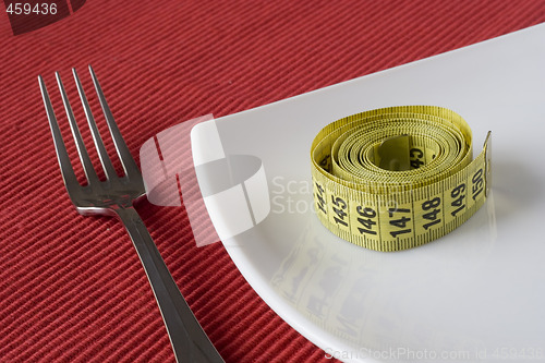 Image of Fork, plate and a measure tape