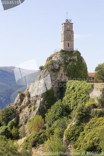 Image of View of  iconic tower clock in Arachova village in Greece