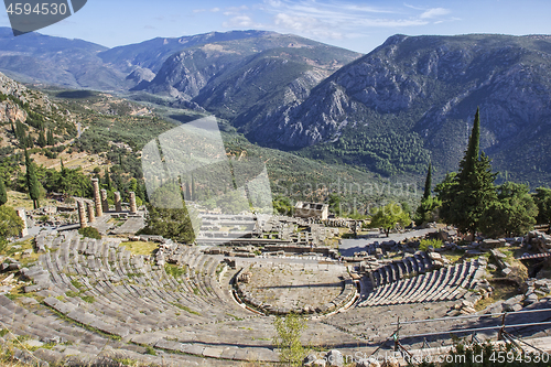 Image of Ruins of the ancient theatre and Temple of Apollo at Delphi, Greece