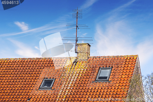 Image of Rooftop with an antenna and a chimney