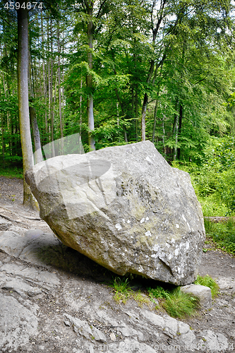 Image of Large rock in a green forest in the summer