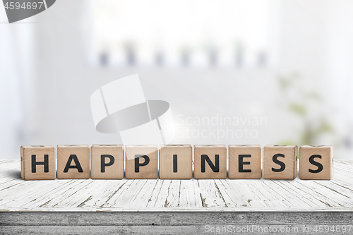 Image of Happiness sign made of wood in a bright living room