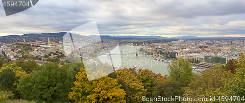 Image of Panoramic view from Gellert Hill on landmarks of Budapest at aut