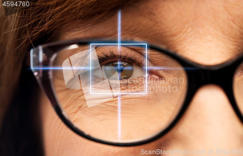 Image of close up of senior woman eye with laser light