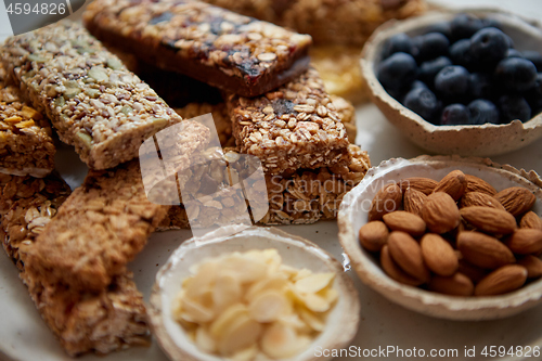 Image of Close up. Mixed composition of various energy nutrition bars