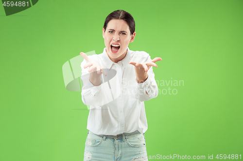 Image of Beautiful female half-length portrait isolated on green studio backgroud. The young emotional surprised woman