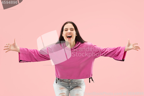 Image of Winning success woman happy ecstatic celebrating being a winner. Dynamic energetic image of female model