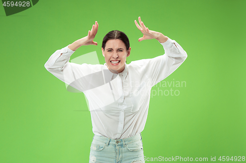 Image of Beautiful female half-length portrait isolated on green studio backgroud. The young emotional surprised woman