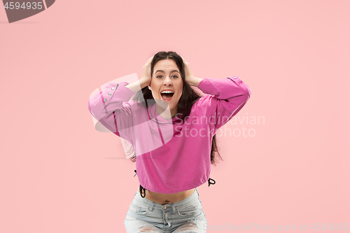 Image of Winning success woman happy ecstatic celebrating being a winner. Dynamic energetic image of female model