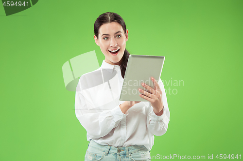 Image of Businesswoman with laptop. Love to computer concept.